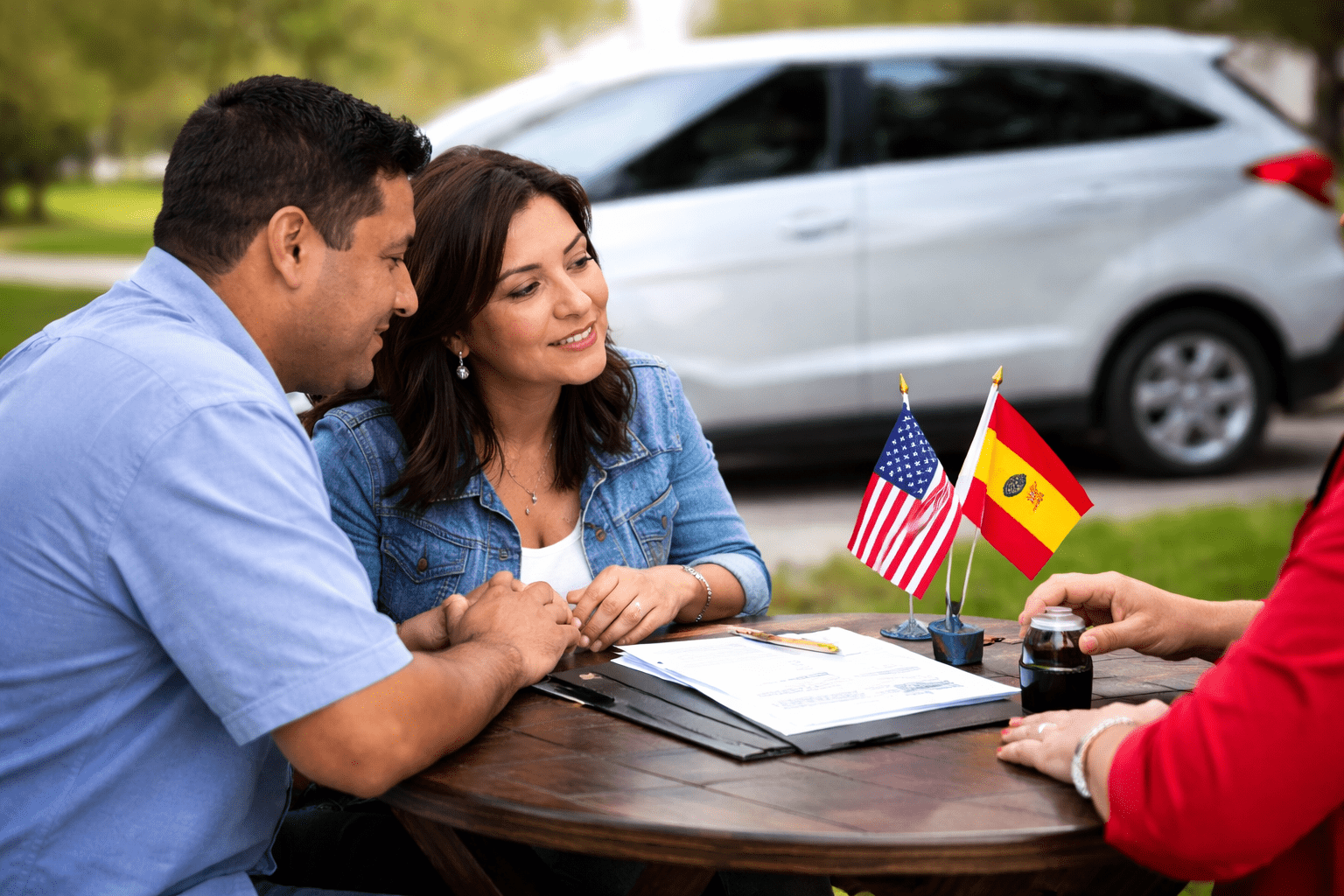 Spanish-speaking mobile notary assisting a Hispanic couple with document signing in Davenport