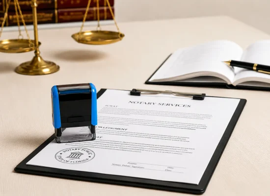 Notary stamp placed on a document clipboard beside legal books, scales of justice, and an open notebook in a professional office setting.