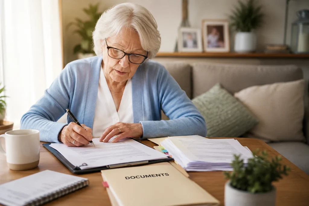 Senior woman reviewing and signing important documents at home while organizing paperwork, representing document preparation and administrative support services for seniors.