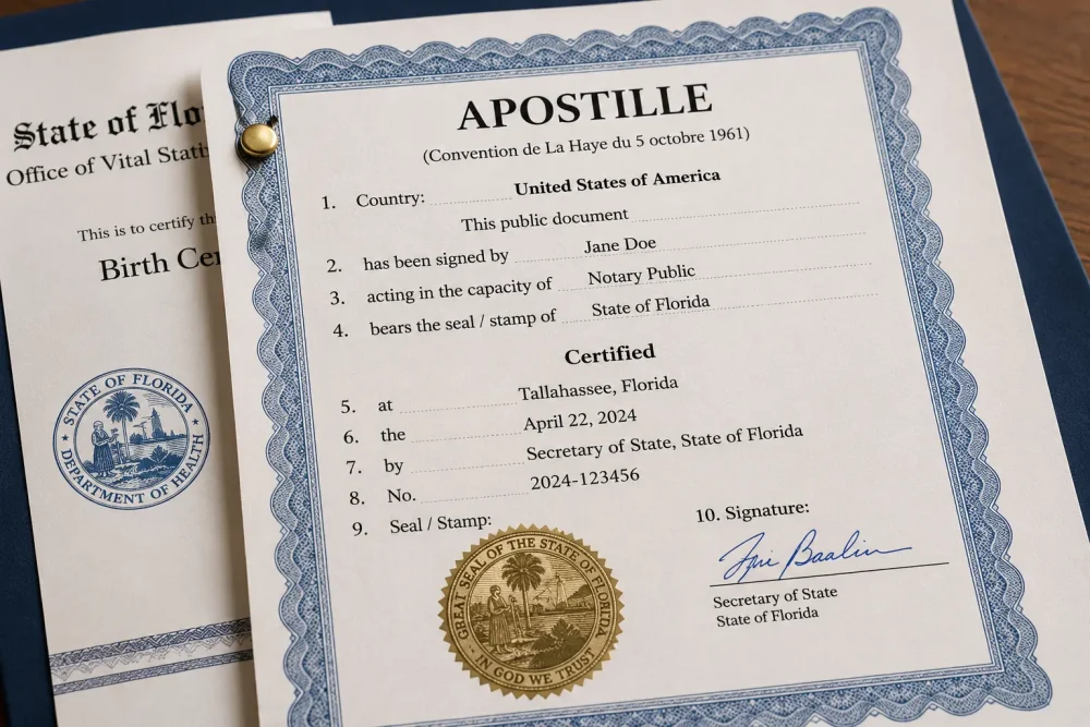 Apostille certificate attached to an official document