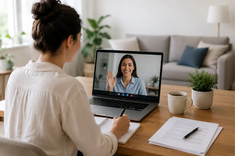 Woman signing documents during a video call with an online notary