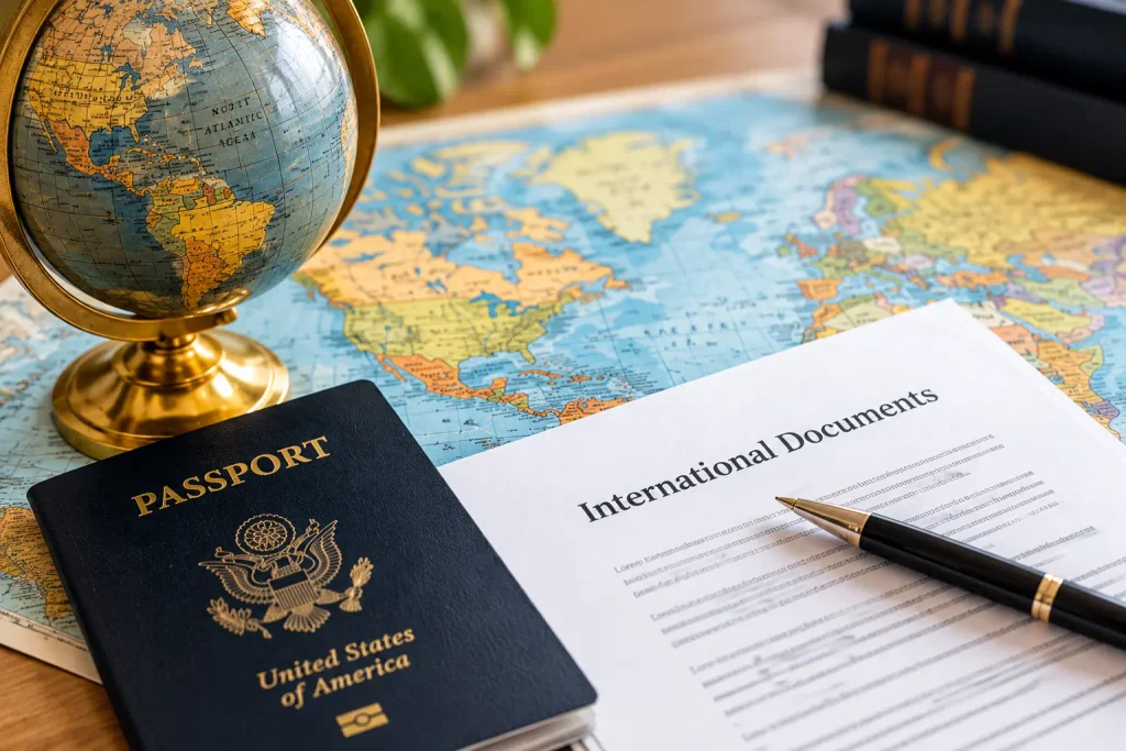 Passport, globe, and international legal documents illustrating how to notarize foreign documents in Florida for overseas transactions.