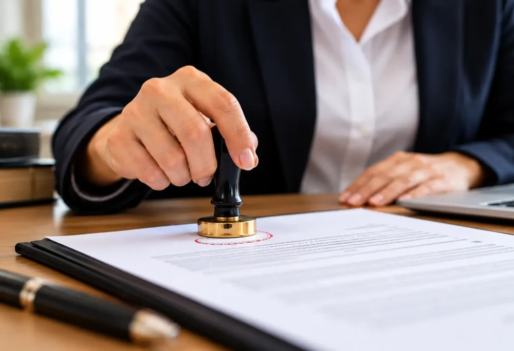 How to notarize foreign documents in Florida – a notary applying an official stamp to legal paperwork for international use.