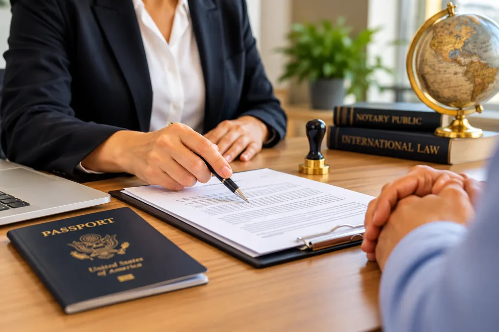 Professional notary assisting a client with how to notarize foreign documents in Florida for international legal and real estate transactions.