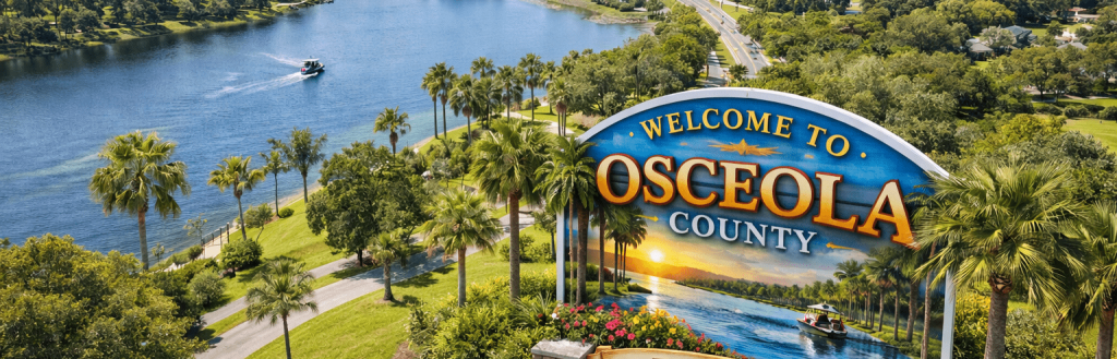 Aerial view of Osceola County, Florida highlighting communities served by mobile notary services in Osceola County.