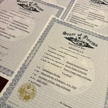 Recently signed documents with Florida apostille certification in Tallahassee, Florida.